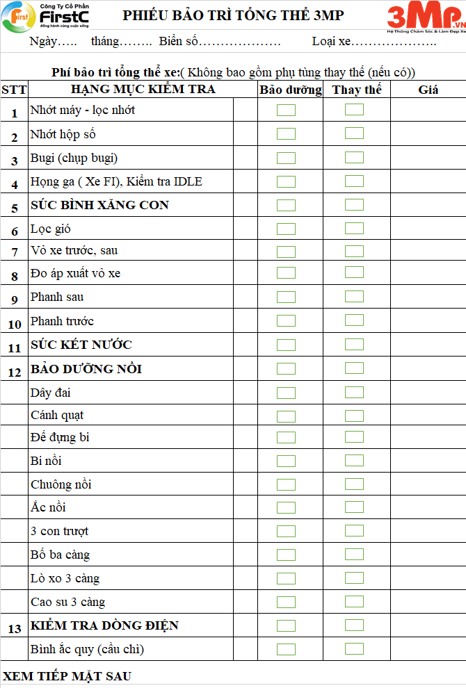 Phiếu bảo trì tổng thể